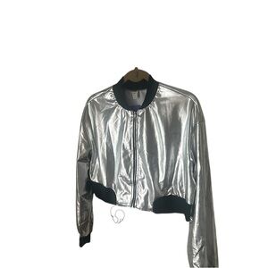 Cropped Metallic Bomber Jacket in Silver with Black Trim